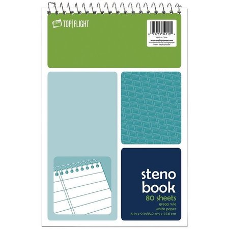 TOP FLIGHT Steno Pad, Rule Sheet, 6 in L x 9 in W Sheet, 80Sheet, White Sheet, Wirebound Binding 4600948